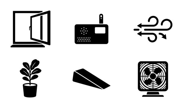 Ventilation and Airflow Icons: Window, Fan, Plant, Radio, and Wind Symbols for HVAC and Climate Control