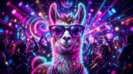 Fototapeta premium Funny happy llama with sunglasses in a vibrant neon disco party background.