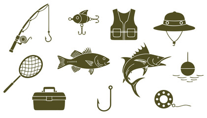 Fishing gear and aquatic life illustrated in flat design against a white background for recreation concepts © Ariyan