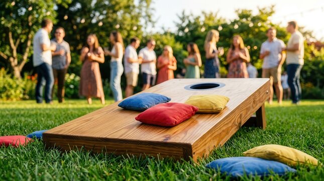 Outdoor lawn game with wooden cornhole board and bright bean bags on grass.