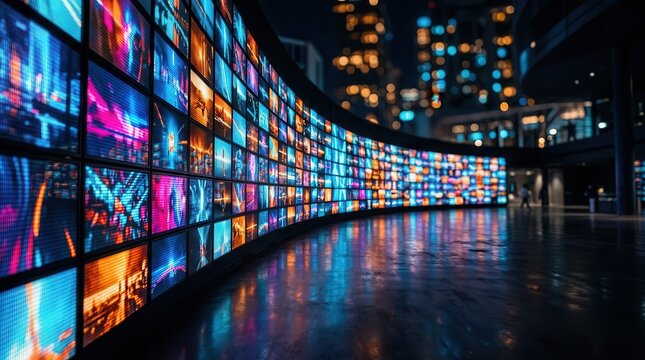 A wall of digital screens illustrating advertising channel selection for maximum exposure.