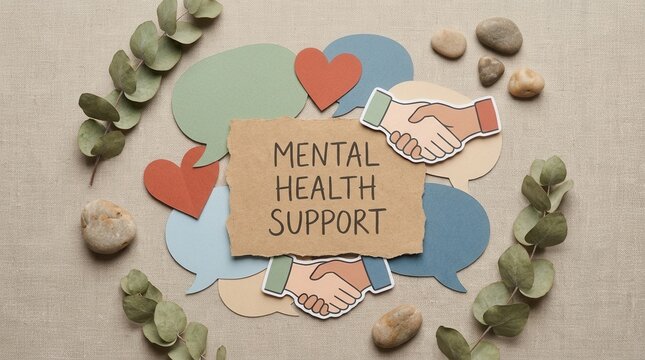 Emotional wellbeing and mental health support with symbols of connection and empathy.