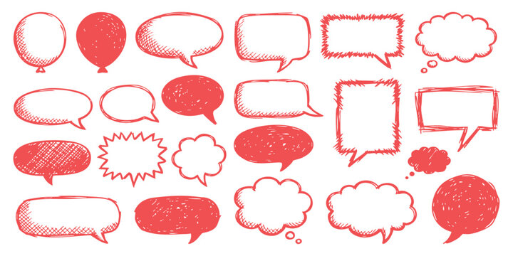 Set of various red hand drawn speech bubbles and thought balloons for comic book design and chat messages