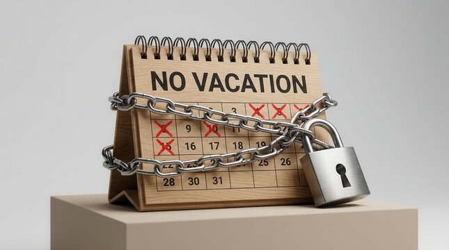 Employee burnout and stress caused by a no vacation workplace issue and lack of time off.