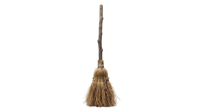 A traditional broom with a wooden handle and straw bristles isolated on transparent background