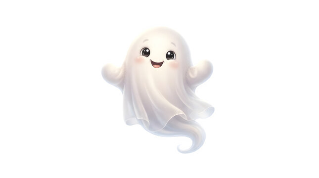 Cute cartoon ghost character with big eyes and a happy smile isolated on transparent background