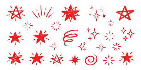 Set of hand drawn red stars sparkles and doodle shapes for creative design elements on a bright theme © GraphixEra