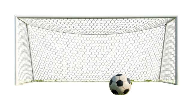 Soccer ball sitting in front of an empty goal net on transparent background