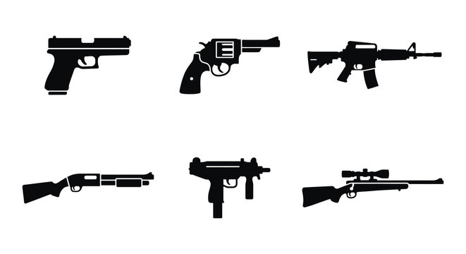 Firearm Silhouettes Black Vector Illustrations On White Background