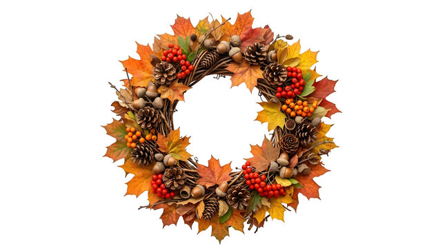 Autumn wreath with leaves, pinecones, and berries isolated on transparent background