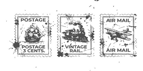 Three vintage postage stamps showing a classic sailing ship a steam train engine and a retro biplane airplane © GraphixEra