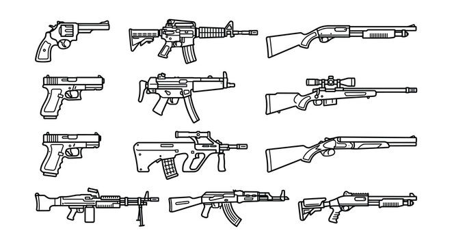 Firearm Silhouettes Black Vector Illustrations On White Background