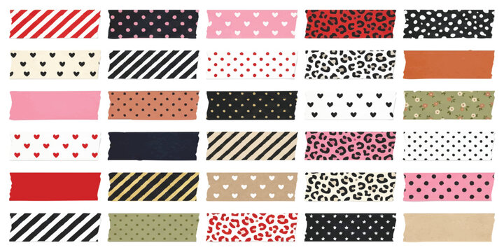 Set of colorful adhesive washi tapes with various patterns like stripes hearts dots and animal prints