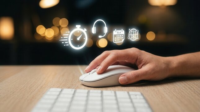 Concept of speed of service and SLA response times with digital service icons.