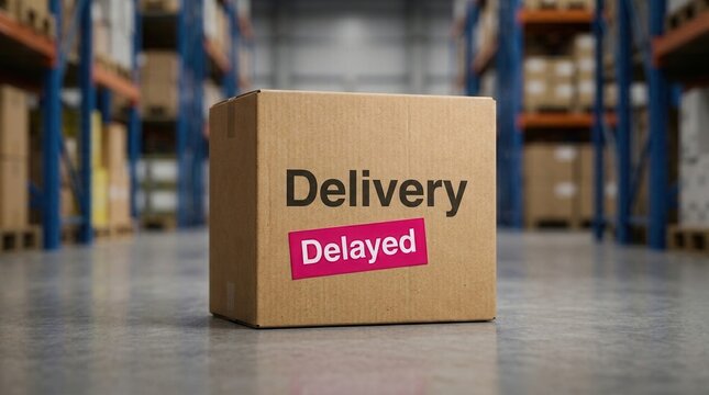 Shipping logistics workflow disruption shown by a delayed delivery box in a warehouse.