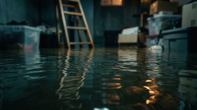Deep water covers a basement floor with a ladder and stored belongings visible.