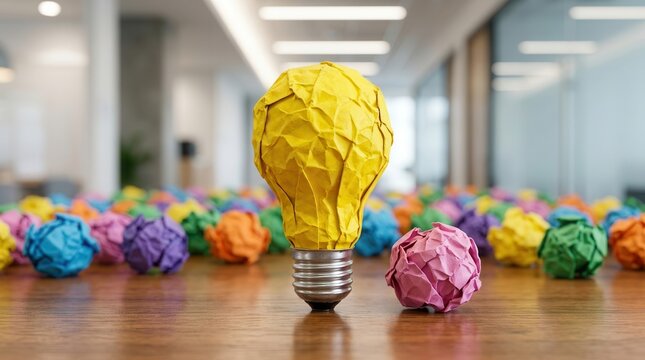 Concept of fail-fast prototyping with a yellow paper lightbulb idea amidst many colorful discarded crumpled papers.