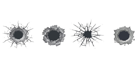 Set of four different bullet hole icons and cracked glass patterns for realistic damage design element graphics © GraphixEra
