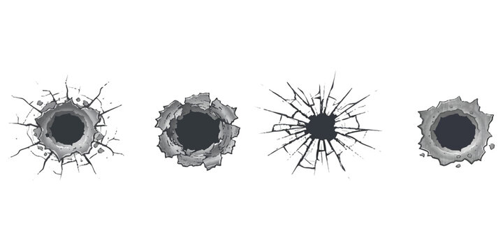 Set of four different bullet hole icons and cracked glass patterns for realistic damage design element graphics