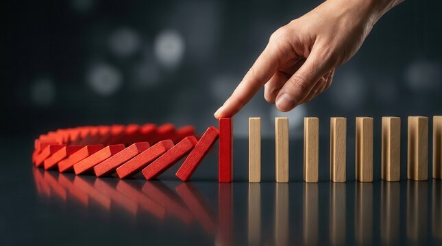 Strategic risk identification and control illustrated by stopping a domino effect.