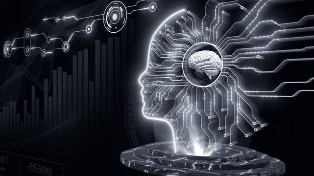 White color 3d brain of ai simulation of human intelligence futuritstic circuit board processing global humans data , learning from human behaviour loopable 3D background