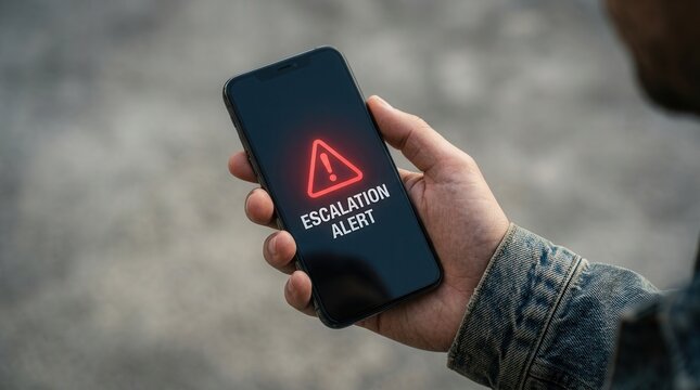 A person holding a smartphone with an urgent escalation alert message for immediate response action.
