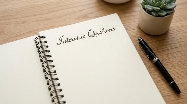 A spiral notebook for interview questions on a desk for recruitment process planning and talent acquisition.