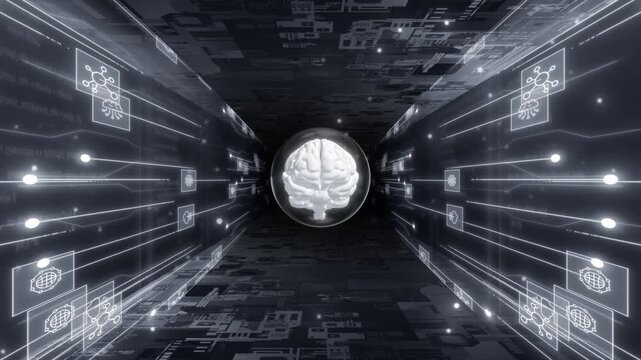 White color glowing nodes AI 3d brain processing multiple data and performing multi tasking  artificial intelligence black technology background