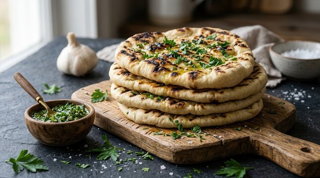 Fluffy grilled flatbread topped with fresh parsley served with a green herb dip.