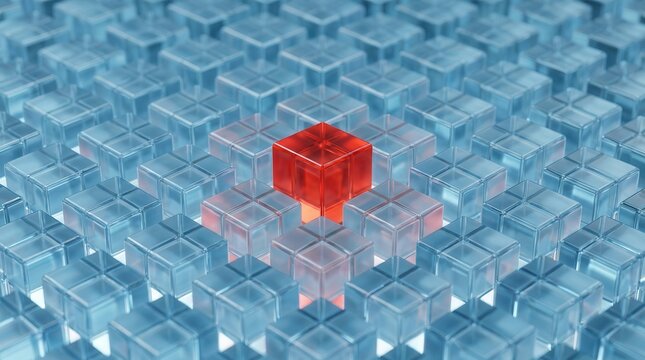 Digital grid featuring a red cube anomaly and transparent cubes representing outlier identification.