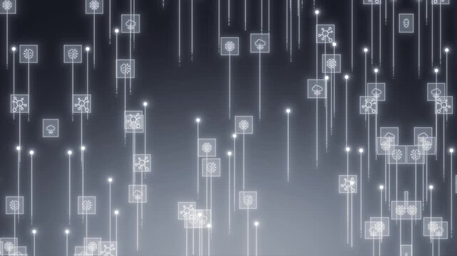 White color glowing nodes connected by lines moving upwards digital document and cloud storage futuristic design black technology background