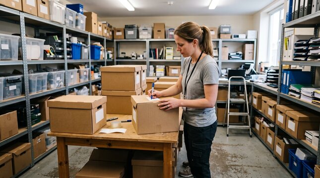 Woman labeling cardboard boxes in a warehouse storage room with shelves full of supplies