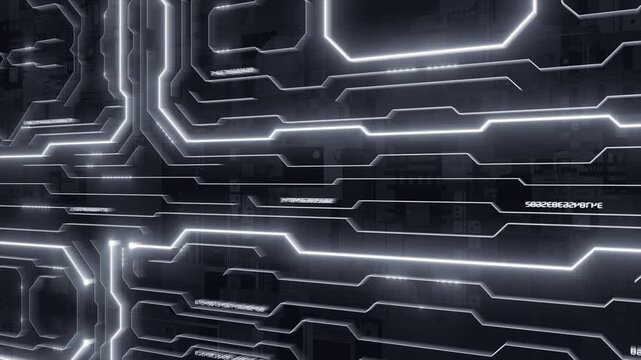 White color glowing circuit board microchip with binary code futuristic matrix data network hi tech design loopable black technology 3D background