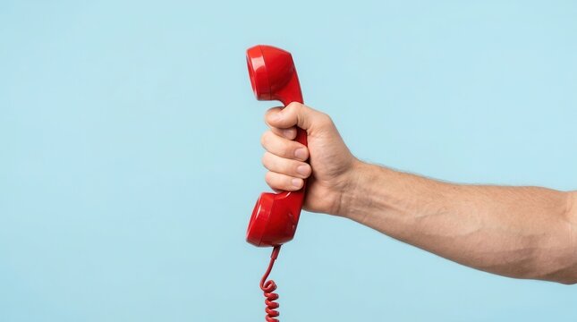 Hand holding a red vintage telephone receiver on a blue background, illustrating customer support.