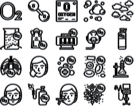 Oxygen chemical element and gas related flat outline icons illustrating medical respiratory applications, scientific concepts, and laboratory equipment for health and wellness
