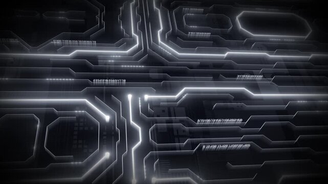 White color glowing circuit board microchip with binary code futuristic matrix data network hi tech design black technology 3D background
