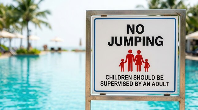 Warning sign for swimming pool safety indicating children must be supervised by an adult.