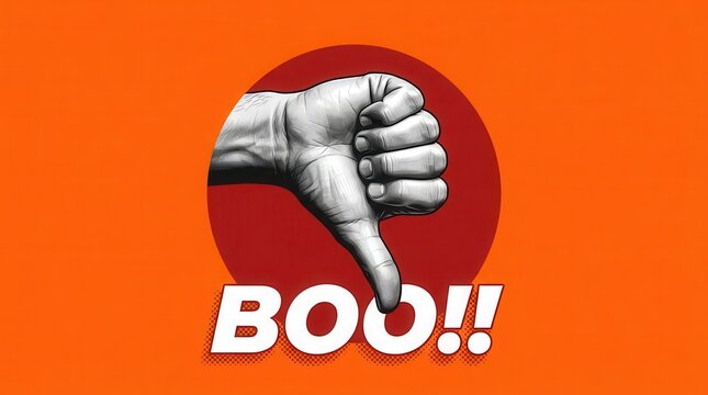 Thumbs down hand gesture and boo text on a red circle background.