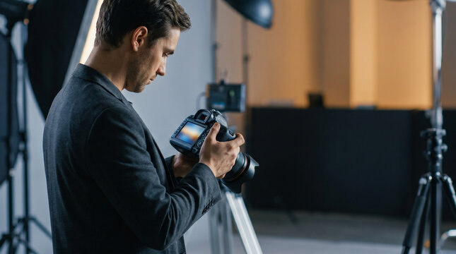 Male photographer checking camera settings in studio with lights  
