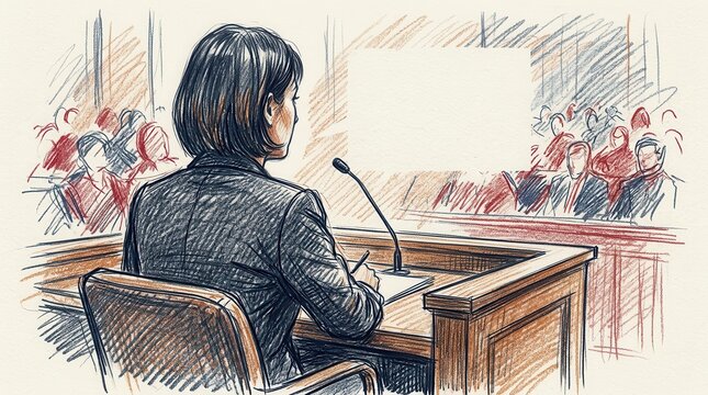 Hand-drawn courtroom sketch depicting a journalist at the witness stand with a redacted speech area.