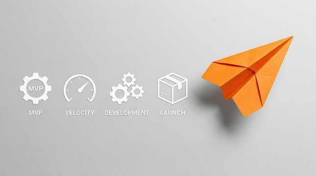 Business icons showing the Minimum Viable Product development stages and a successful launch using an orange paper plane.