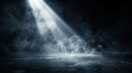 Fototapeta premium Stage background featuring a dramatic dark room with smoke and a light ray.