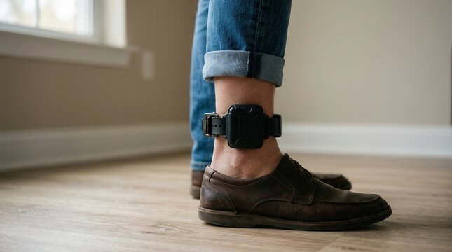 An electronic ankle monitor secured around a person's leg suggesting legal supervision.