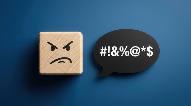 Toxic communication concept featuring an angry wooden block and a profanity speech bubble.
