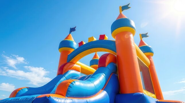 Colorful inflatable bounce house castle with slides under a sunny bright blue sky.
