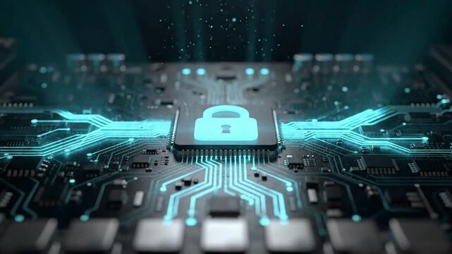 Cybersecurity protection animation featuring secure digital padlock, encrypted data transfer, network defense technology and advanced cyber security monitoring visualization