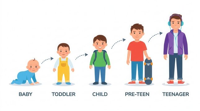 Visual progression of age appropriate learning milestones from baby to teenager.