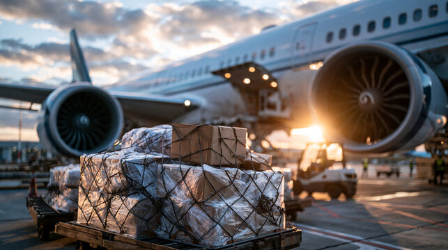 A bright modern cargo airliner being loaded with cargo on the ground at a sunny airport cargo plane airliner loading air freight aviation airport logistics transport