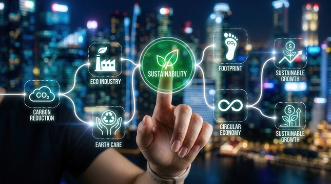 Global care and financial growth icons representing sustainability in a modern city environment.