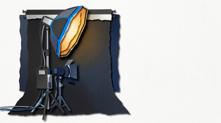 Fototapeta premium Studio lighting equipment setup with softbox on black backdrop 